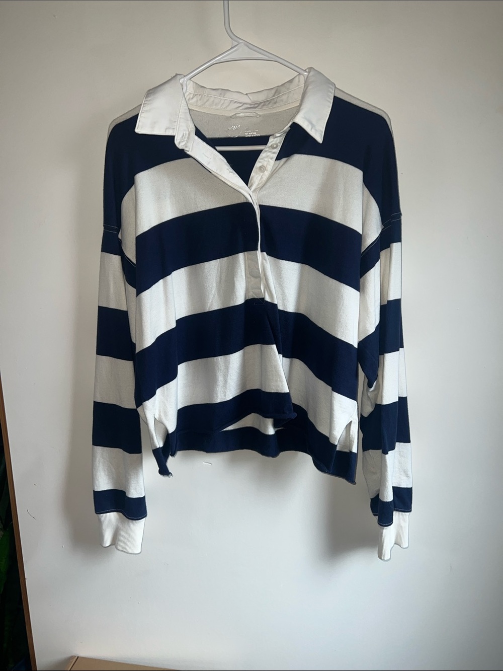 aerie Navy and White Striped Button-Down Rugby Top